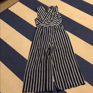 Navy/white striped wide leg jumpsuit pockets S